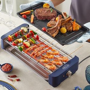 Electric BBQ Grill, 2-in-1 Smokeless Electric Grill with Grill & Non-Stick Baking Sheets, Portable Korean BBQ Grill with Removable Pan, Knob Temperature Control, Dishwasher Safe, 2000W