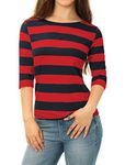 Allegra K Women's Elbow Sleeves Top Casual Boat Neck Slim Fit Stripe T-Shirt Red Blue 16