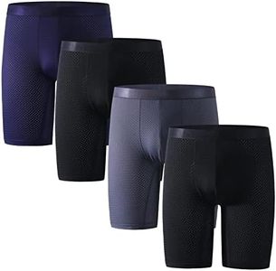 Nuofengkudu Long Boxer Homme Maille Soie Glacée Cool Calecon Respirant Mesh Confort sous-Vêtements Anti Frottement Elastique Pouch Culottes Flex Underpants Underwear 4 Pack-Gris/Bleu/2 Noir M