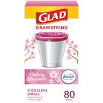 Glad Trash Bags, OdorShield Small Drawstring Garbage Bags, 4 Gallon Trash Bag, Febreze Cherry Blossom, 80 Count (Package May Vary)