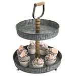 MyGift 2 Tier Cupcake Stand, Rustic Galvanized Silver Metal Pastry, Dessert and Appetizer Serving Display Stand with Carved Wooden Post and Top Handle