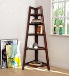 MURALICRAFT Sheesham Wood Floor Standing Shelf | Corner Shelf For Living Room | Wooden Corner 5 Tier Ladder Shelves For Bedroom | Decorative Corner Home Decor Bookcase | Corner Shelf For Office, Brown