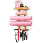 Bamboo Yoga Mat Holder Wall Mount - Yoga Mat Storage Wall Mount - Top Shelf and Gym Accessory Holder - Yoga Mat Rack Home Gym Storage Organizer