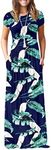 MISFAY Women Short Sleeve Loose Plain Maxi Dresses Casual Long Dresses Pockets (XL, Print Blue)