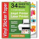 Premium Printable Vinyl Sticker Paper - 34 Sheets - A4 - Matte - Waterproof - Laser & Inkjet Printable Vinyl Sticker Paper - Printable Sticker Paper That Dries Quickly - Compatible with Cricut