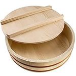 Wooden Sushi Rice Bowl with Lid Hangiri Sushi Oke Sushi Rice Mixing Tub (10.6 “ with lid)