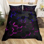 3D Honeycomb Duvet Cover Queen Size for Kids Geometry Hexagon Bedding Sets with 2 Pillowcase,Pink Blue Neon Lights Print Comforter Cover Teen Boys Girls Bedroom Decor Bed Cover 3 Piece,Black