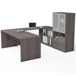 Bestar i3 Plus U-Shaped Executive Desk with Frosted Glass Doors Hutch, 72W, Bark Grey