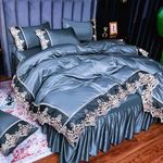 JJ's Imported Washed Silk with Stylish Vintage Lace All Seasons 4 Pcs & 5 Pcs King Size Double Bed Ruffled Bedsheet (Skirt Type) Luxury Bridal Bedding Set, Bedsheet Set, Duvet Set (4 Pcs Set)