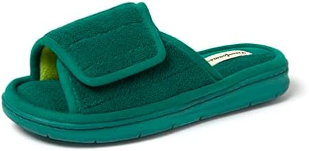 Dearfoams Women's Adjustable Indoor/Outdoor Machine Washable Memory Foam Slide Slipper, Deep Green Terry, 7-8