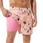 BRISIRA Mens Swim Trunks Swim Shorts for Men Quick Dry 5 inch Inseam Beach Shorts with Compression Liner Zipper Pocket Pink Flamingo