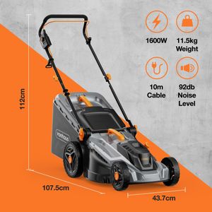 VonHaus 1600W Electric Lawnmower – 42L Bag, 380mm Width, 10m Cord