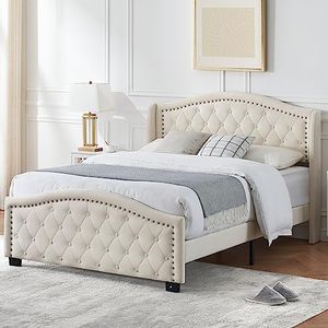 GAOMON Queen Size Bed Frame, Upholstered Platform Bed with Wingback Tall Headboard and Button Tufted Design, Wood Slat Support, Easy Assembly, No Box Spring Needed, Off White