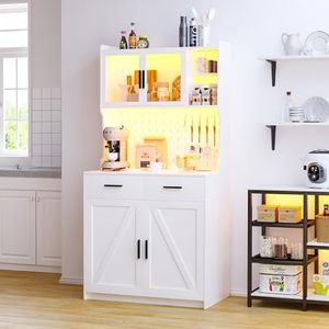 JDPAG LED Kitchen Pantry Cabinet with Outlets, Farmhouse Storage Cabinet with Drawers & Adjustable Shelves, Cupboard with Pegboard and Hooks for Dining Room (White)