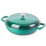 Shallow Cast Iron Casserole with Lid – Non Stick Dutch Oven Pot, Oven Safe up to 500° F – Sturdy Ovenproof Stockpot Cookware – Enamelled Cooking Pot – Dark Green, 5-Quart, 32cm – by Nuovva