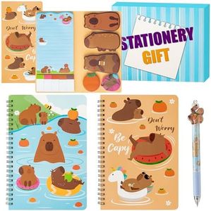 B1ykin Stationery Gift Set - 3Pcs Notebook Sticky Notes, Kawaii A5 Spiral Notebooks & 550 Sheets Cute Sticky Notes with Pens Kit for Office School Kids Students Birthday Supplies (Capybara)