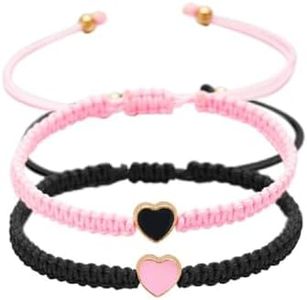 Set of 2 Colorful Heart Beaded Matching Bracelets for Couples and Friendships Pinky Promise Heart Braided Leather Rope Bangle Wrist Adjustable Bracelets Valentines Gifts- Pink & Black