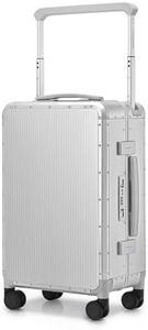 ROAMING All Aluminum Hardside 20 Inch Carry On Luggage, Zipperless Suitcase with TSA Lock & Wide Handle, Airline Approved Rolling Spinner Wheels, Travel Luggages with Leather Handle & Pockets, Silver
