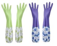 GDNK Reusable Rubber Latex PVC Flock lined Long Sleeves elbow length Hand Gloves for Kitchen Dish-Washing, Cleaning Gloves (2 Pair)