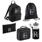 Personalised Kids Back To School Kit with Custom Name | Black with Grey Initial Backpack, Lunch Bag, PE Kit Bag, Pencil Case & Water Bottle | Perfect for Boys & Girls Starting Nursery or School