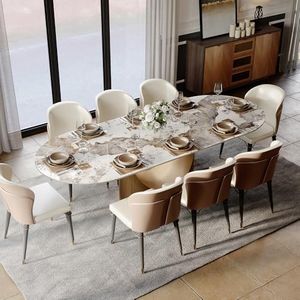 POVISON Modern Dining Table,94" Oval Sintered Stone Table with Bronze Carbon Steel Base for Dining Room,Kitchen,Home Office,Scratch and Heat Resistant,Pandora(Table Only)