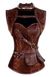 Charmian Women's Retro Goth Spiral Steel Boned Brocade Steampunk Bustiers Corset with Jacket and Belt Brown X-Large