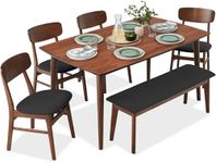 Best Choice Products 6-Piece Wooden Dining Set, Mid-Century Modern Table & Upholstered Chair Set w/Bench Seat, Rubberwood Legs - Walnut/Charcoal