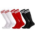 Invalidism 3 Pairs Kids Football Socks, Childrens Football Socks Kids Breathable Soccer Sock Long Football Socks for Sporting Running Training Socks for Children Aged 5-12(White+Black+Red)