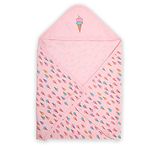 LuvLap Soft 100% Cotton Hooded Wrapper Cum Warm, Blanket, for New Born Baby to 3 Year Old, 75cmx75cm, Ice Cream Print (Pink)