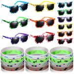48 Pieces Pixel Miner Party Set Include 24 Pixel Gamer Sunglasses Pixelated Glasses, 24 Pixelated Theme Bracelet Miner Wristbands for Kids Adults Pixelated Style Game Player Birthday (Multi Colors)