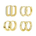 4 Pairs Gold Hoop Earrings Set 14K Real Gold Polished/Rough Hoops and Sparkling Cubic Zirconia Chunky Hoop Earrings for Women