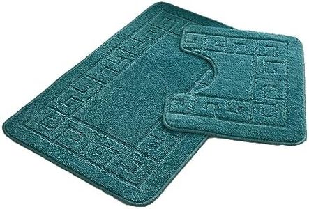 FAIRWAYUK Bathroom Mats Sets 2 Pieces, Ultra Plush Greek Pattern Bath Toilet Mat Anti Slip Pedestal Set, Extra Absorbent 100% Polypropylene Rug, Bathroom Accessory (Dark Teal)