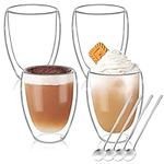 ROSNONG IEKSH Glass Coffee Cup/Expresso Coffee Cup, Set of 4, 350ml, Vacuum Insulated, Handmade,Easy Cleaning, Borosilicate Heat Resistant Glass Mugs, Dishwasher Safe, Includes 4 Coffee Mugs Spoons,