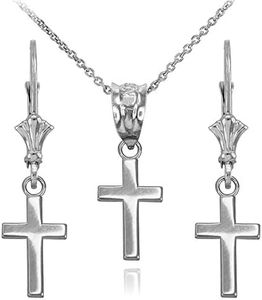 Claddagh Gold Religious Jewelry Mini Cross Pendant Necklace and Earring Set in Polished 925 Sterling Silver, 22"