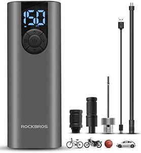 ROCKBROS Portable Air Pump 150PSI Mini Electric Tire Pump Inflator 5 Modes Cordless Air Compressor with 2*2600 mAh Rechargeable Lithium Battery Portable Tire Pump with LED Light for Bike Motorcycle Car Tires Balls Inflatables