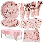 Nkaiso Birthday Party Tableware 161Pcs Pink and Rosegold Happy Birthday Theme Kids Birthday Decoration Party Accessories Set Includes Paper Plates Napkins Cups Knive Fork Spoon-20 Guests