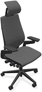 Steelcase Gesture Office Desk Chair with Headrest in Elmosoft Genuine Gunmetal L113 Leather Plus Lumbar Support Black Frame