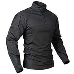 CARWORNIC Men's Tactical Military Combat Shirt Long Sleeve Slim Fit Camo Airsoft T Shirt with Zipper, Black#, XX-Large