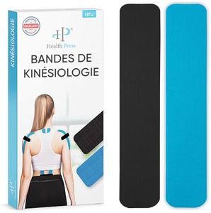 Health Press® Bandes de Kinesiotape – 50 Pièces Bleu + Noir (25cm x 5cm) Bande de Kinésiologie Pré-découpée | Tape Physio et Sport | Imperméable et Élastique | Tape Doux pour la Peau