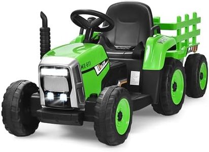 HONEY JOY Ride On Tractor with Trailor, 12V Electric Vehicle for Kids, 3-Gear-Shift Ground Loader, LED Lights, Horn, Music, Battery Powered Ride On Car with Remote Control, Gift for Boys Girls (Green)