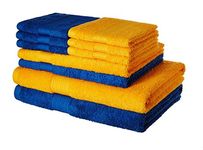 Amazon Brand - Solimo 100% Cotton 10 Piece Towel Set, 500 GSM (Iris Blue and Sunshine Yellow)