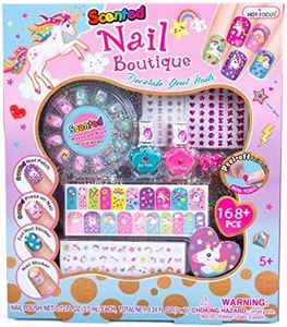 Hot Focus Scented Nail Boutique – 168 Piece Unicorn Nail Art Kit Includes Press on Nails, Nail Patches, Nail Stickers, Nail Polishes, Nail File and Ring – Non-Toxic Water Based Peel Off Nail Polish