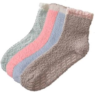 Grip Non Slip Socks for Women Hospital Socks with Grips,Cozy Fuzzy Slipper Socks Winter Warm Soft Fluffy Sleep Socks (Blue+Pink+Brown+Green)