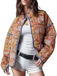 Wyeysyt Women's Cropped Puffer Jacket Lightweight Floral Print Long Sleeve Padded Quilted Puffy Cardigan Coat, Orange, Small