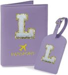 COSHAYSOO Purple Passport Cover and Luggage Tag Set TSA Approved with Her Initial Chenille Letter Patch, Fashionable Travel Bag Backpack Suitcase Identifier Gifts for Granddaughter Grandma Mother (L)