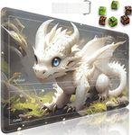 TCG Playmat, Magic The Gathering Ultra Pro Playmat with Zones, 24x14 in Non-Slip Rubber MTG Playmat with Drawstring Travel Pouch and 6 Dice, White and Gold Baby Dragon MTG Mat, Card Game Playmats