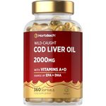 Cod Liver Oil Capsules High Strength | 2000mg | 360 Softgel Pills | Rich in Omega 3, Vitamins A & D | Supplement with 171mg of DHA and 151mg of EPA | by Horbaach