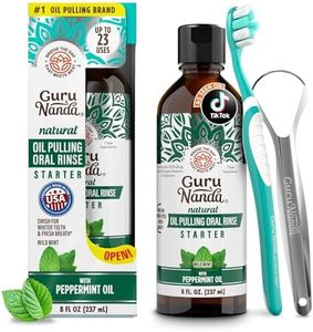 GuruNanda Starter Pulling Oil Mouthwash for Natural Teeth Whitening, Coconut and Peppermint Oil for Fresh Breath & Happy Gums, with Toothbrush & Tongue Scraper, Alcohol-Free, 8 Oz