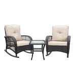 ATR ART TO REAL Outdoor Bistro Rocking Chair Set of 3 Pieces, Outdoor Resin Wicker Rocking Patio Chair, Outdoor Rocking Chairs with Cushions, Outdoor Rattan Conversation Sets