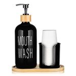 BYAWAY Black Mouthwash Dispenser for Bathroom - 16oz Pump Glass Bottle with Cup Holder, 14 Mouthwash Cups,Bamboo Tray, and Funnel - Bathroom Mouthwash Container